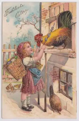 57388 Präge AK Fröhliche Ostern Mädchen mit Ostereierkorb vor Hühnerstall 1909