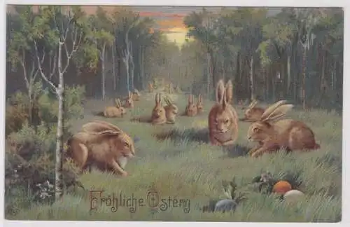 59912 Präge AK Fröhliche Ostern Waldlichtung mit vielen Osterhasen 1913