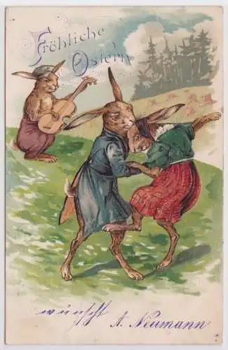 900849 Präge AK Fröhliche Ostern Hase spielt Gitarre und 2 Hasen tanzen dazu1905