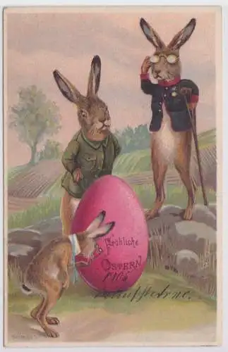 901068 Präge AK Fröhliche Ostern 3 originelle Hasen untersuchen Osterei 1905