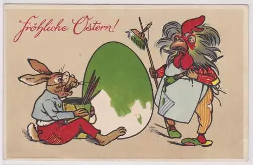 900176 Präge AK Fröhliche Ostern Osterhase und Hahn bemalen Osterei 1912