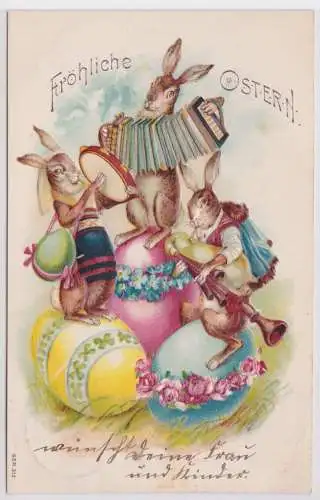 902141 Präge AK Fröhliche Ostern Osterhasenorchester spielt auf Ostereiern 1907