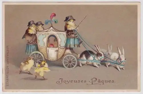 900265 Präge AK Fröhliche Ostern Küken fahren mit 3 Hasenkutsche um 1910