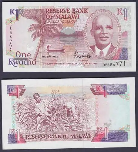 1 Kwacha Banknote Reserve Bank of Malawi 1992 kassenfrisch UNC (162766)