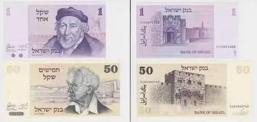 1 & 50 Sheqalim Banknoten Israel 1978 Pick 43 & 46 bankfrisch (137244)