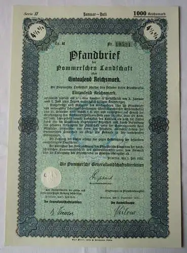 1000 RM Pfandbrief Pommersche Generallandschaftsdirektion Stettin 1940 (119454)