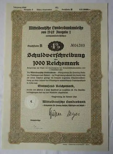 1000 RM Schuldverschreibung Mitteldeutsche Landesbank Magdeburg 1942 (118495)