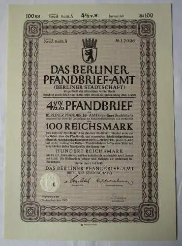 1000 Reichsmark Pfandbrief Berliner Pfandbrief-Amt 1. Juli 1940 (114982)