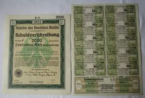 2000 Mark Aktie Schuldverschreibung deutsches Reich Berlin 01.08.1922 (128793)