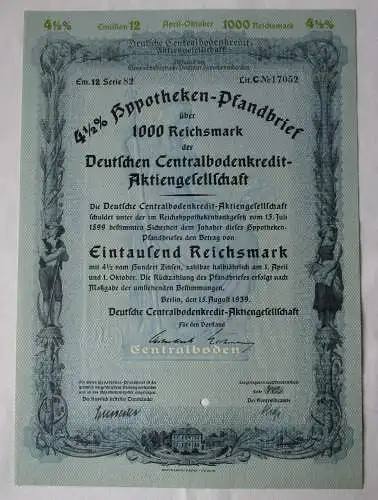 1000 Reichsmark Pfandbrief Deutsche Centralbodenkredit AG Berlin 1939 (142449)