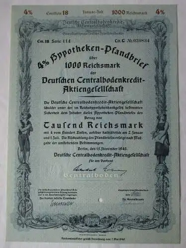 1000 Reichsmark Pfandbrief Deutsche Centralbodenkredit AG Berlin 1940 (129168)