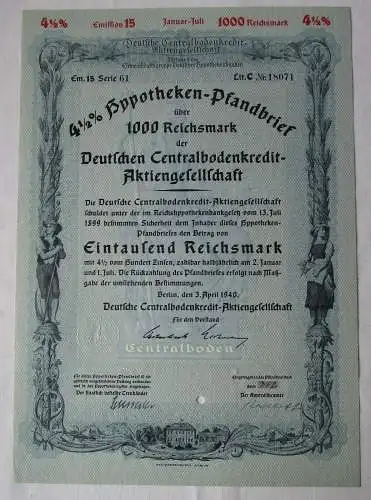 1000 Reichsmark Pfandbrief Deutsche Centralbodenkredit AG Berlin 1940 (143986)