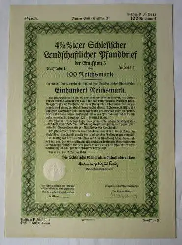 100 Reichsmark Schlesischer Landschaftlicher Pfandbrief Breslau 1940 (124341)