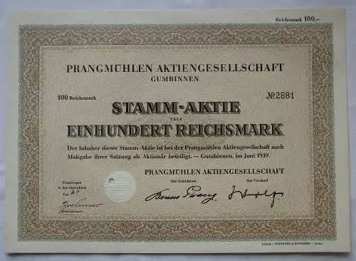 100 Mark Stammaktie Prangmühlen AG Gumbinnen Juni 1939 (153987)