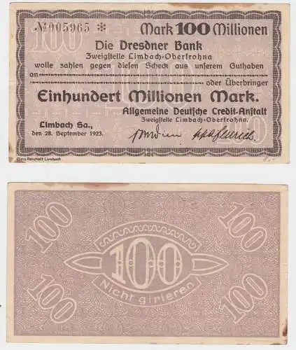 100 Millionen Mark Banknote Dresdner Bank Limbach 18.9.1923 (130481)