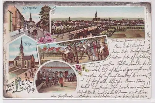 24074 Ak Lithographie Gruß aus Lucka S.-A. Marktplatz usw. 1900