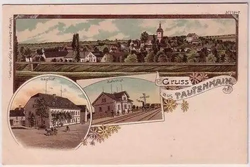 67700 Ak Lithografie Gruss aus Tautenhain Totale Gasthof Bahnhof um 1900