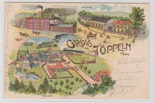 89421 Lithografie AK Gruss aus Töppeln b. Gera, Gasthof Pappenfabrik & Rittergut