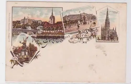 72103 Ak Lithographie Gruß aus Gera Bahnhof, Kriegerdenkmal usw. um 1900