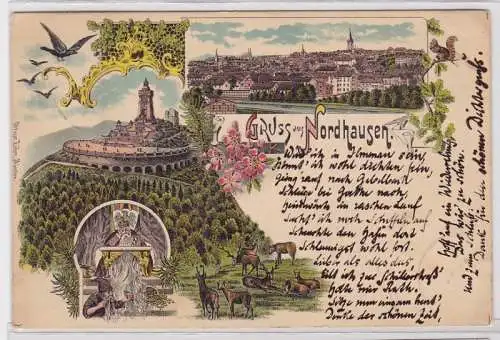 84034 Lithografie AK Gruss aus Nordhausen - Totalansicht & Kyffhäuser 1896