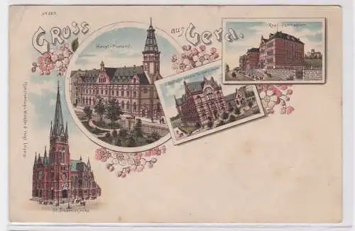 68042 Ak Lithographie Gruß aus Gera Postamt, Gymnasium usw. um 1900