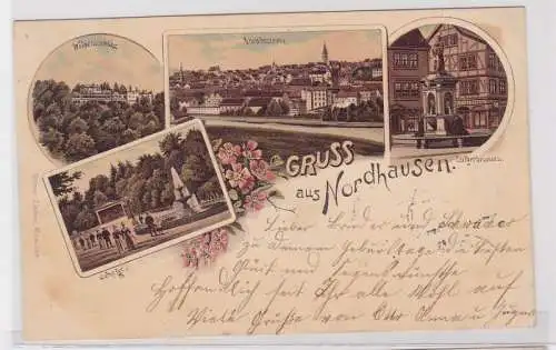 46932 Lithografie AK Gruss aus Nordhausen - Wilhelmshöhe, Lutherbrunnen 1903