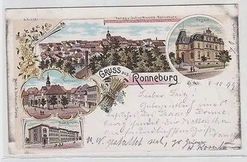 63233 Ak Lithographie Gruss aus Ronneburg Postamt, neue Schule, Rathaus 1899