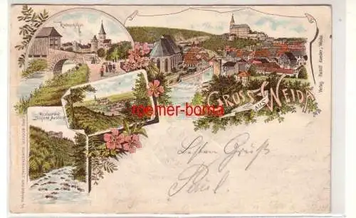 80127 Ak Lithographie Gruss aus Weida Katzschthor, Restaurant usw. 1899