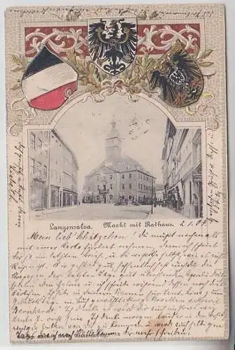 70263 geprägte Ak mit Wappen Langensalza Markt mit Rathaus 1904