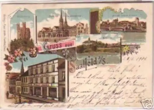 17399 Lithografie Gruss aus Saalfeld Markt usw. 1902