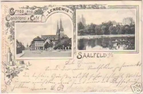 18006 Litho Gruss aus Conditorei & Café Saalfeld 1902