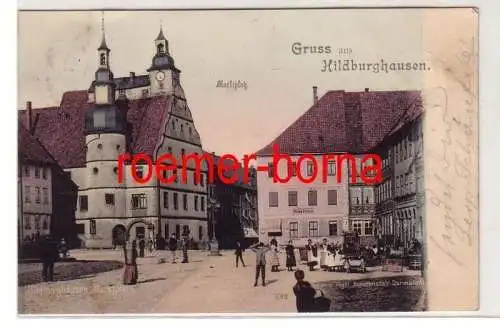 65812 Ak Gruss aus Hildburghausen Marktplatz mit Restaurant Englischer Hof 1900