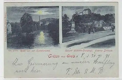 62904 Mondscheinkarte Grüsse aus Greiz Elsterbrücke und Schloß 1899