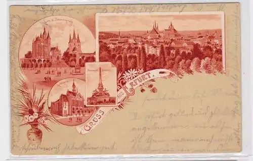 92235 AK Gruss aus Erfurt - Rathaus, Monumentalbrunnen, Dom & Severinkirche 1899