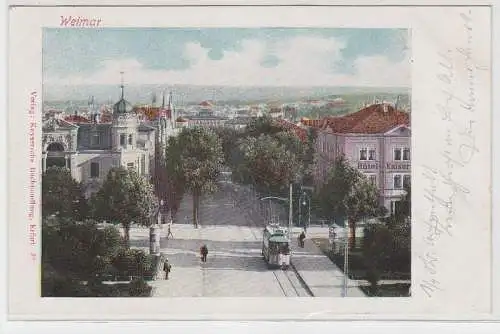 67822 Ak Weimar Totalansicht mit Straßenbahn vor Hotel Kaiser 1903