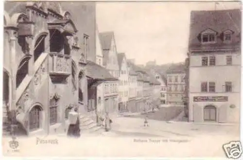 25785 Ak Pössneck Rathaus Treppe mit Krautgasse 1906