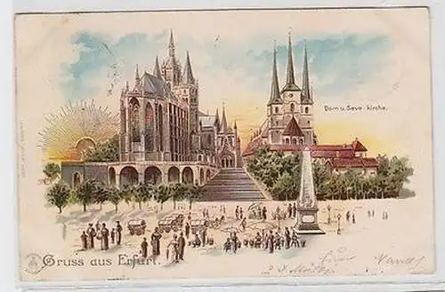 62767 Ak Lithographie Gruß aus Erfurt Dom und Severinkirche 1899