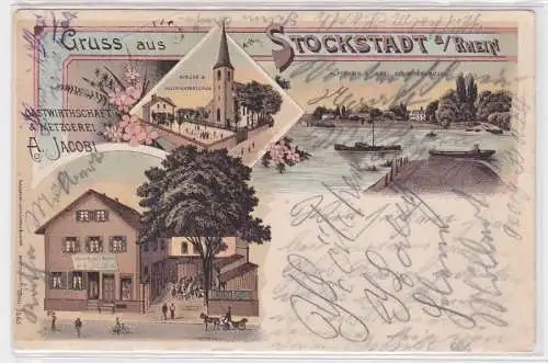 81129 Ak Lithographie Gruss aus Stockstadt am Rhein - Gastwirtschaft & Metzgerei