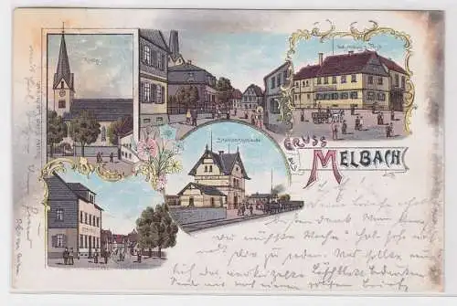 61338 Ak Lithographie Gruss aus Melbach - Kirche, Stationsgebäude, Gasthaus 1900