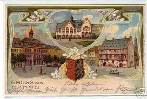 10375 Präge Ak Lithographie Gruß aus Hanau 1902