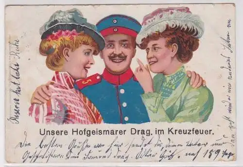 48083 Humor Ak Unsere Hofgeismarer Dragoner im Kreuzfeuer 1907