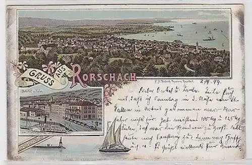 25124 Ak Lithographie Gruß aus Rorschach Bahnhof und Hafen 1899