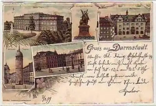 40241 Ak Lithographie Gruss aus Darmstadt 1899