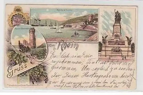 50634 Ak Lithographie Gruß vom Rhein bei Rüdesheim 1900