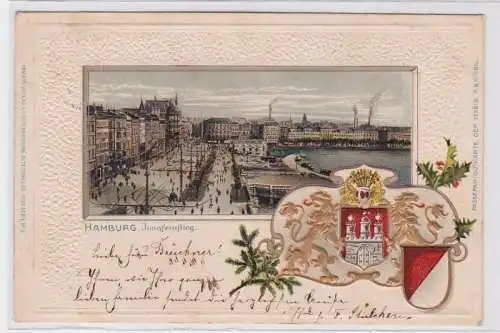 68593 Präge Passepartout AK Hamburg - Jungfernstieg mit Stadtwappen 1902