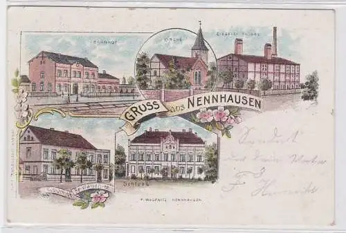 91790 Ak Lithographie Gruß aus Nennhausen Bahnhof, Ziegelei, Gasthof usw. um 190