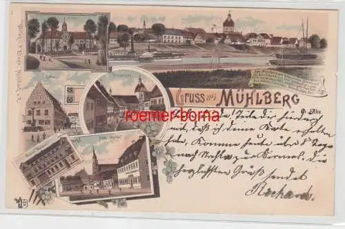 68421 Ak Lithographie Gruß aus Mühlberg Post, Kirchstraße, Markt usw. 1903