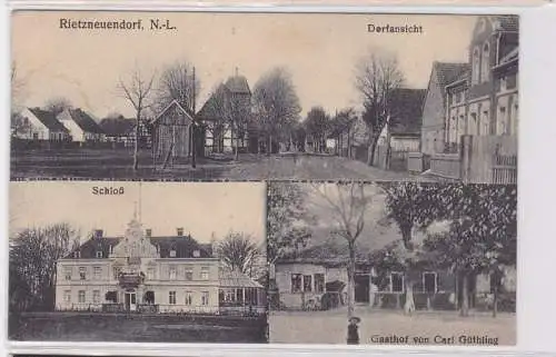 82805 AK Rietzneuendorf - Dorfansicht, Gasthof von Carl Güüthling, Schloß 1919