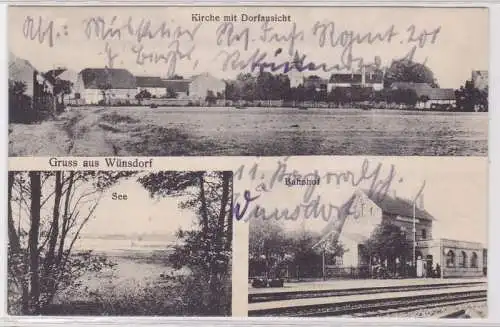 91962 AK Gruss aus Wünsdorf - Kirche mit Dorfansicht, Bahnhof & See 1915