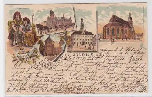 98318 Ak Lithographie Gruss aus Cottbus - Spreewälderin, Post, Rathaus, Kirche